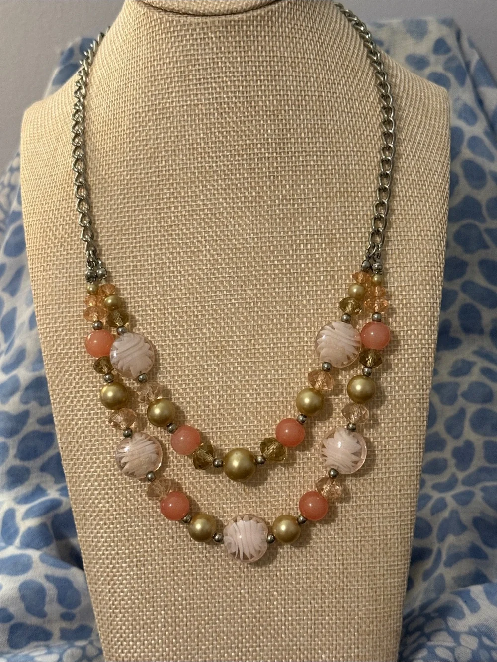 Double Strand Pink, Gold and Cream Beaded Necklace